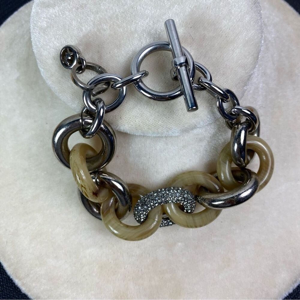 Michael Kors Silver Tortoise Shell Zirconia Chunky Link Toggle Chain Bracelet